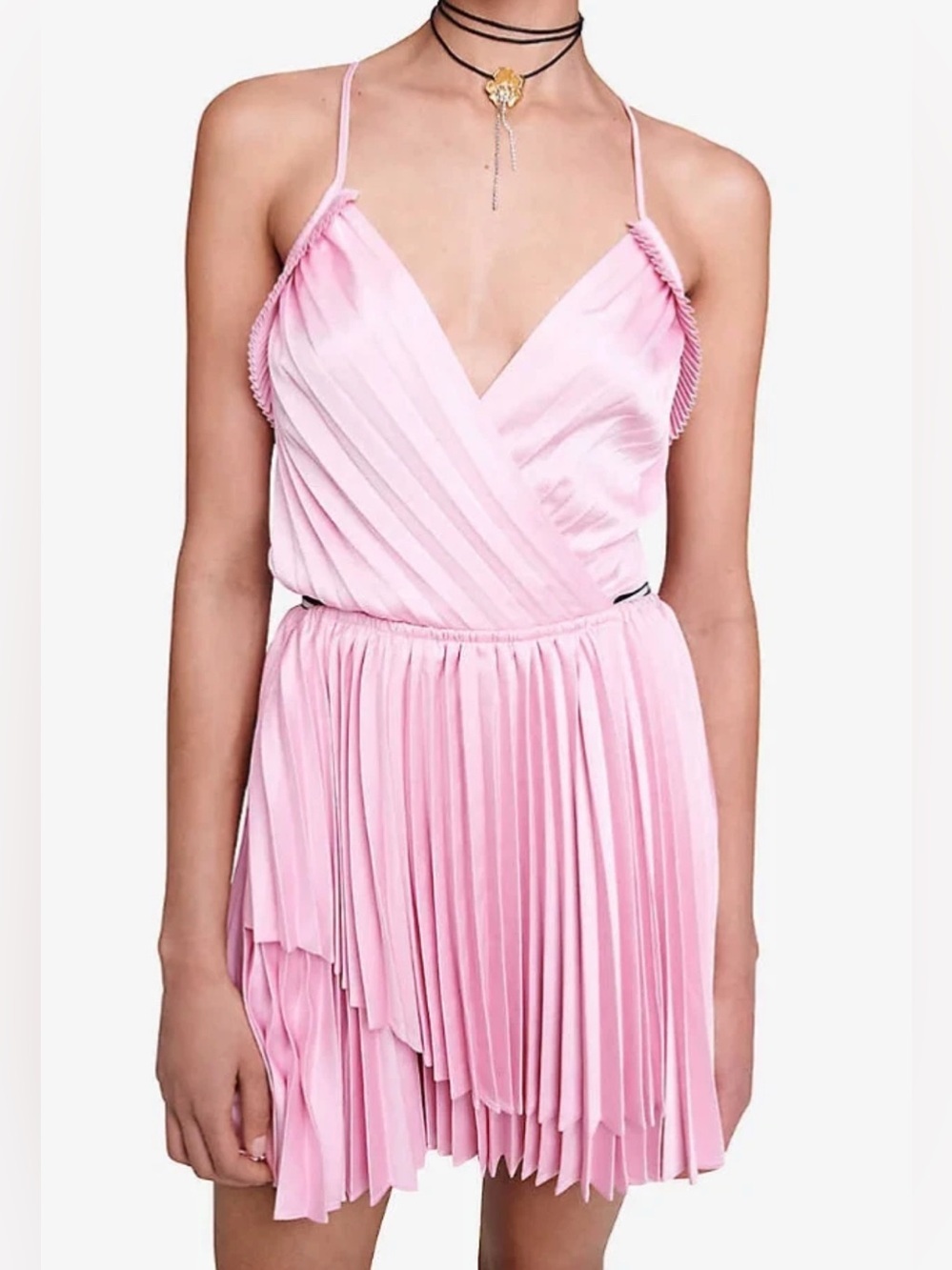 MAJE PINK RIPLITAL PLEATED CUTOUT MINI DRESS